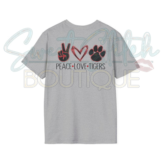 "Peace. Love. Tigers." T.R. Miller Spirit Shirt {Front & Back Print} -- Unisex Softstyle T-Shirt